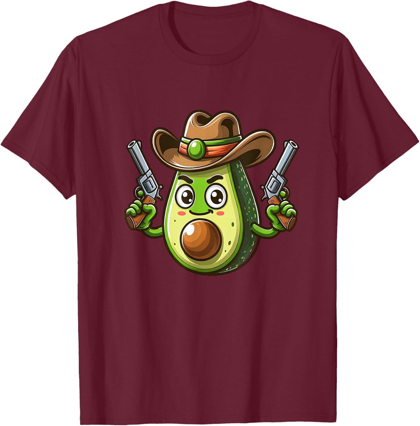 Cowboy Avocado With Guns Funny Cartoon T-Shirt - T-Shirt | Maroon