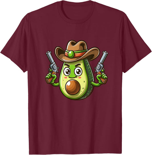 Cowboy Avocado With Guns Funny Cartoon T-Shirt - T-Shirt | Maroon