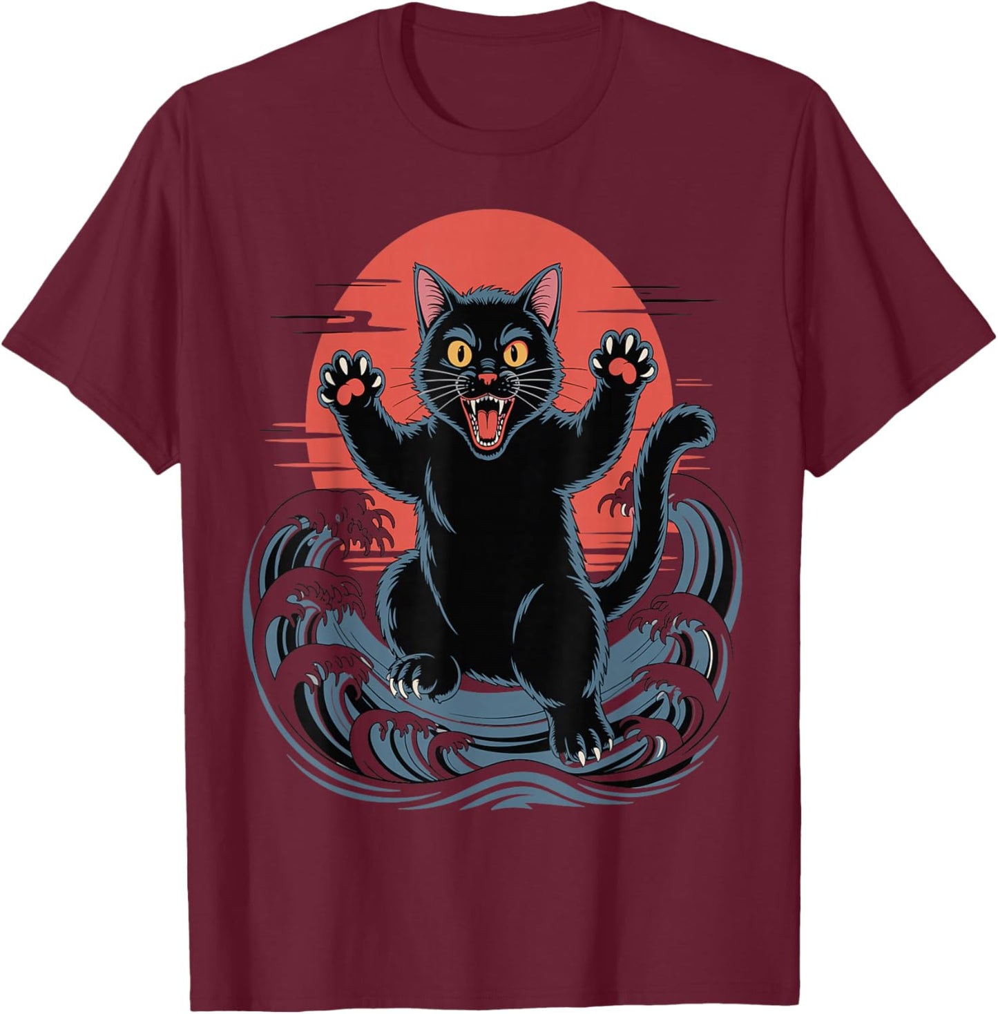 Catzilla Cat Japanese Art Funny Graphic Design T-Shirt - T-Shirt | Maroon
