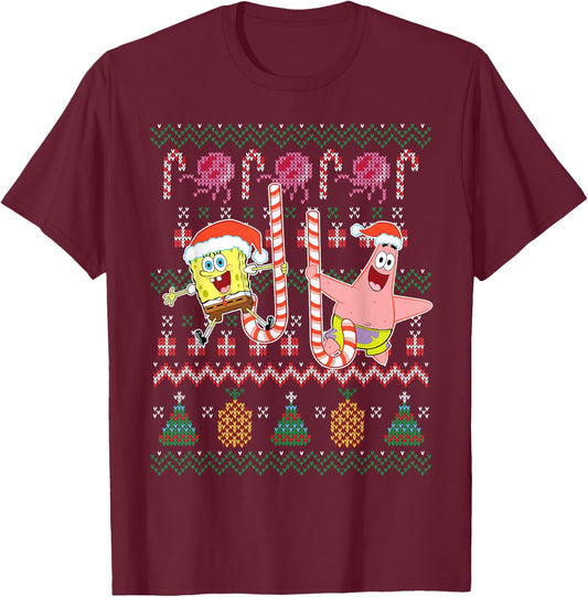 Spongebob SquarePants & Patrick Holiday Sweater T-Shirt - T-Shirt | Maroon