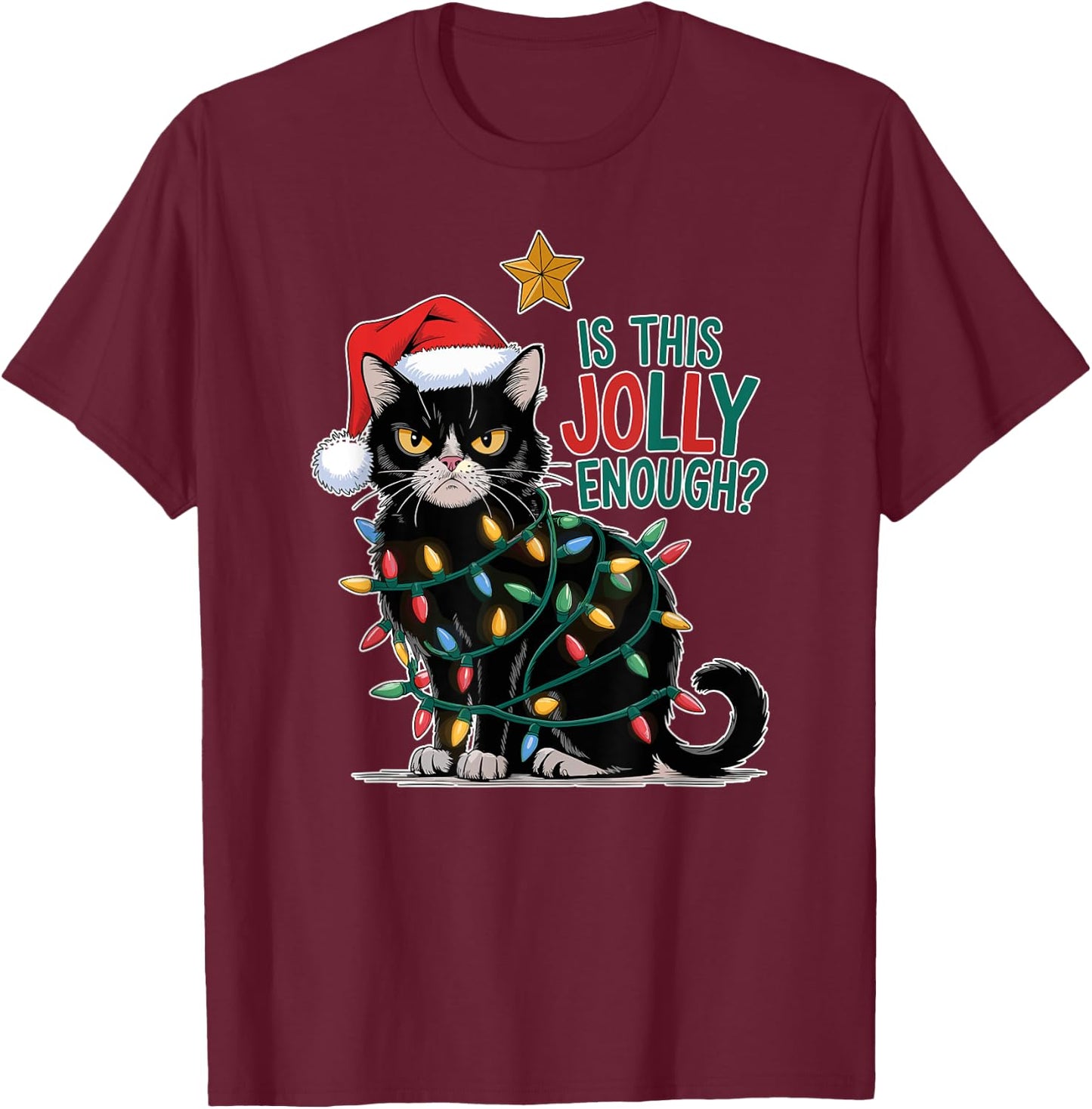 Is This Jolly Enough? Cat Merry Christmas Tree Lights funny T-Shirt - T-Shirt | Maroon