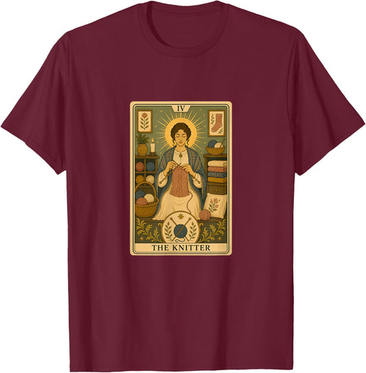 The Knitter | Knitting Tarot Card T-Shirt - T-Shirt | Maroon