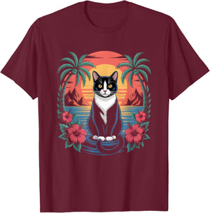 Tuxedo Cat Hawaiian Summer Tropical Beach Vacation Graphic T-Shirt - T-Shirt | Maroon