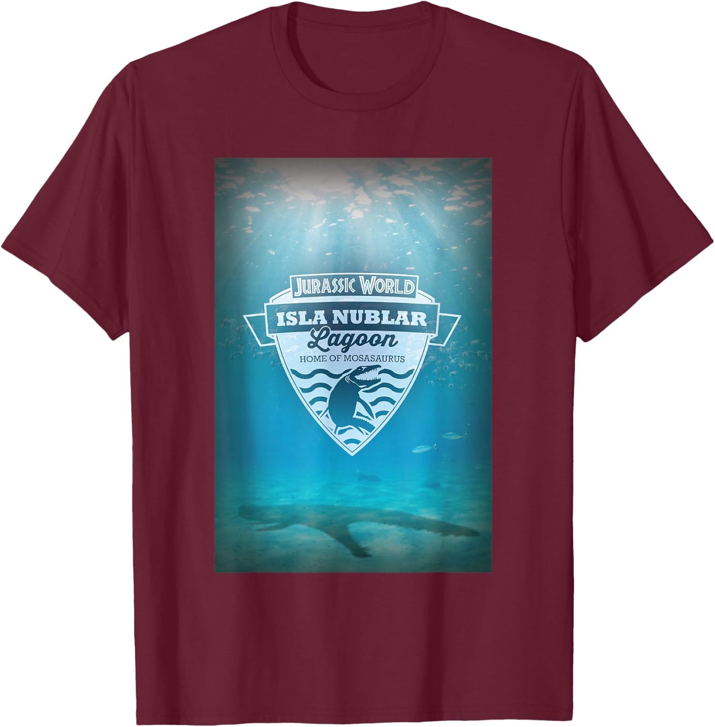 Jurassic World Isla Nublar Lagoon Home of Mosasaurus T-Shirt - T-Shirt | Maroon