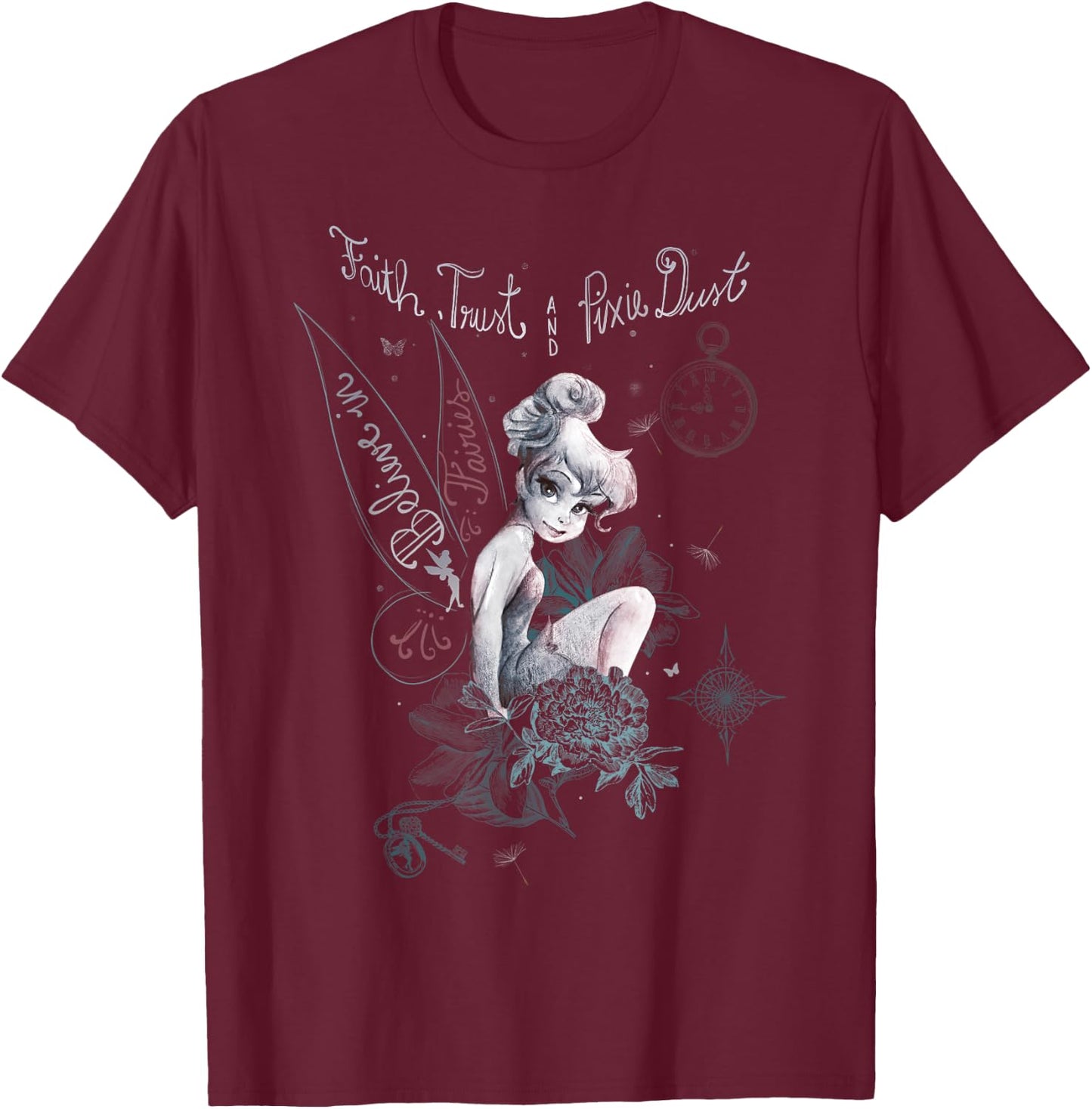 Disney Peter Pan Tinker Bell Believe Drawing Portrait T-Shirt - T-Shirt | Maroon