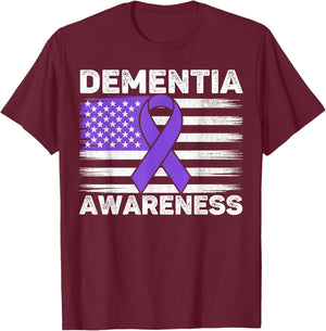 Dementia Awareness Month Men Women USA American Flag Purple T-Shirt - T-Shirt | Maroon