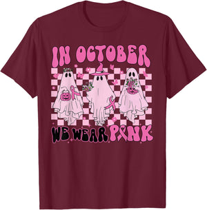 In October We Wear Pink Ghost Breast Cancer Halloween Party T-Shirt - T-Shirt | Maroon