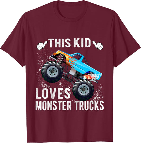Kids This Kid Loves Monster Trucks Boys and Girls Gift T-Shirt - T-Shirt | Maroon