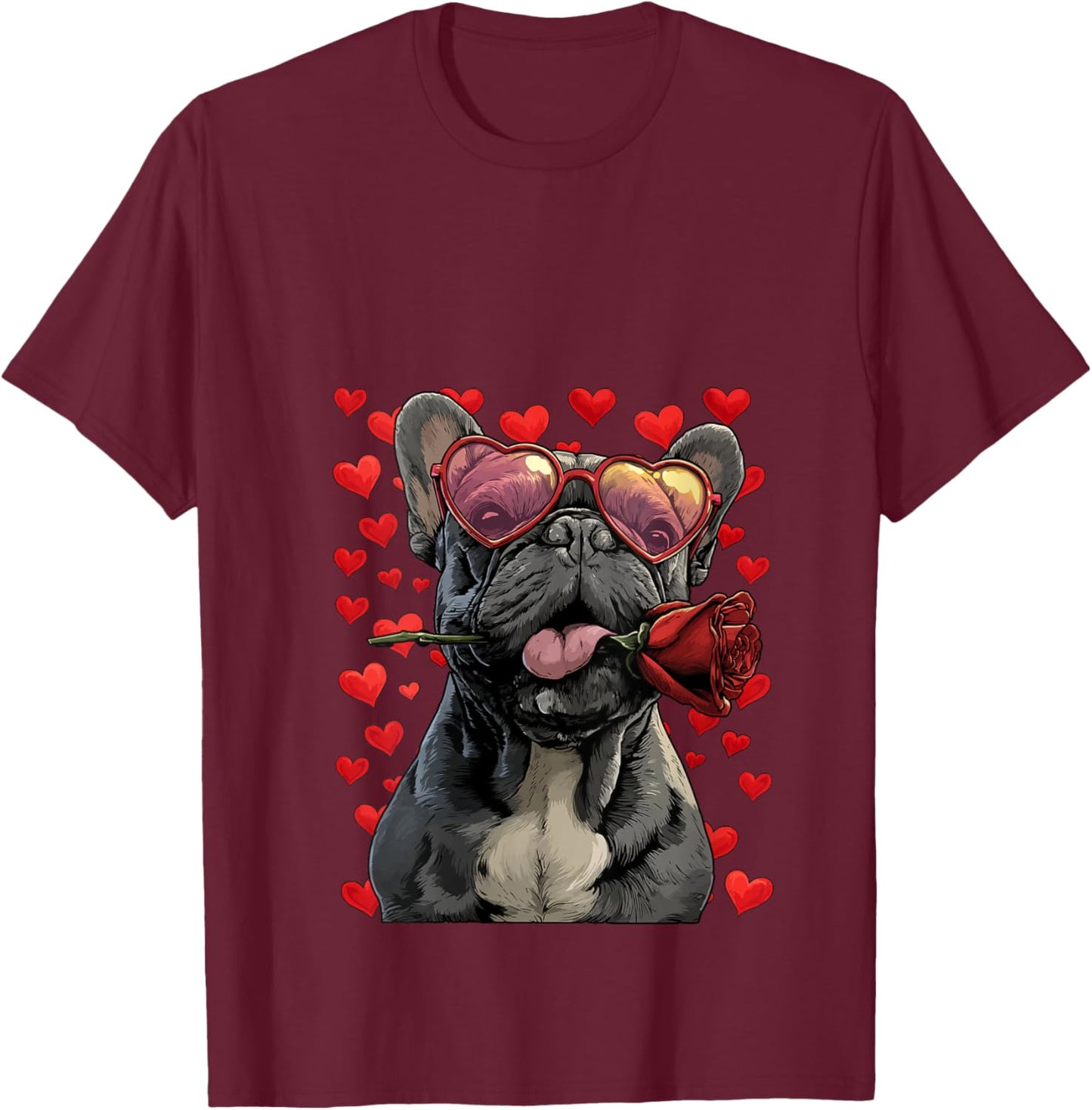 French Bulldog with Heart Glasses Rose Valentine's Day Dog V-Neck T-Shirt - T-Shirt | Maroon
