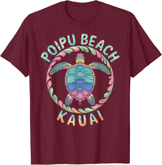Poipu Beach Kauai Hawaii Islands Tie Dye Tribal Turtle T-Shirt - T-Shirt | Maroon