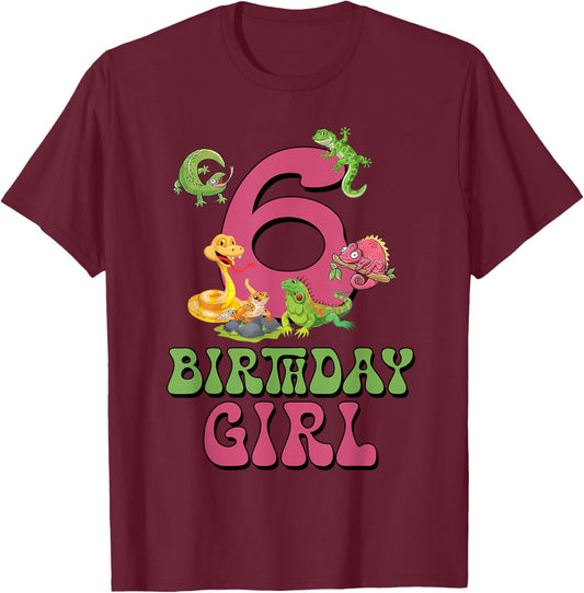6th Birthday Girl Lizard Reptile 6 Year Old Birthday Party T-Shirt - T-Shirt | Maroon