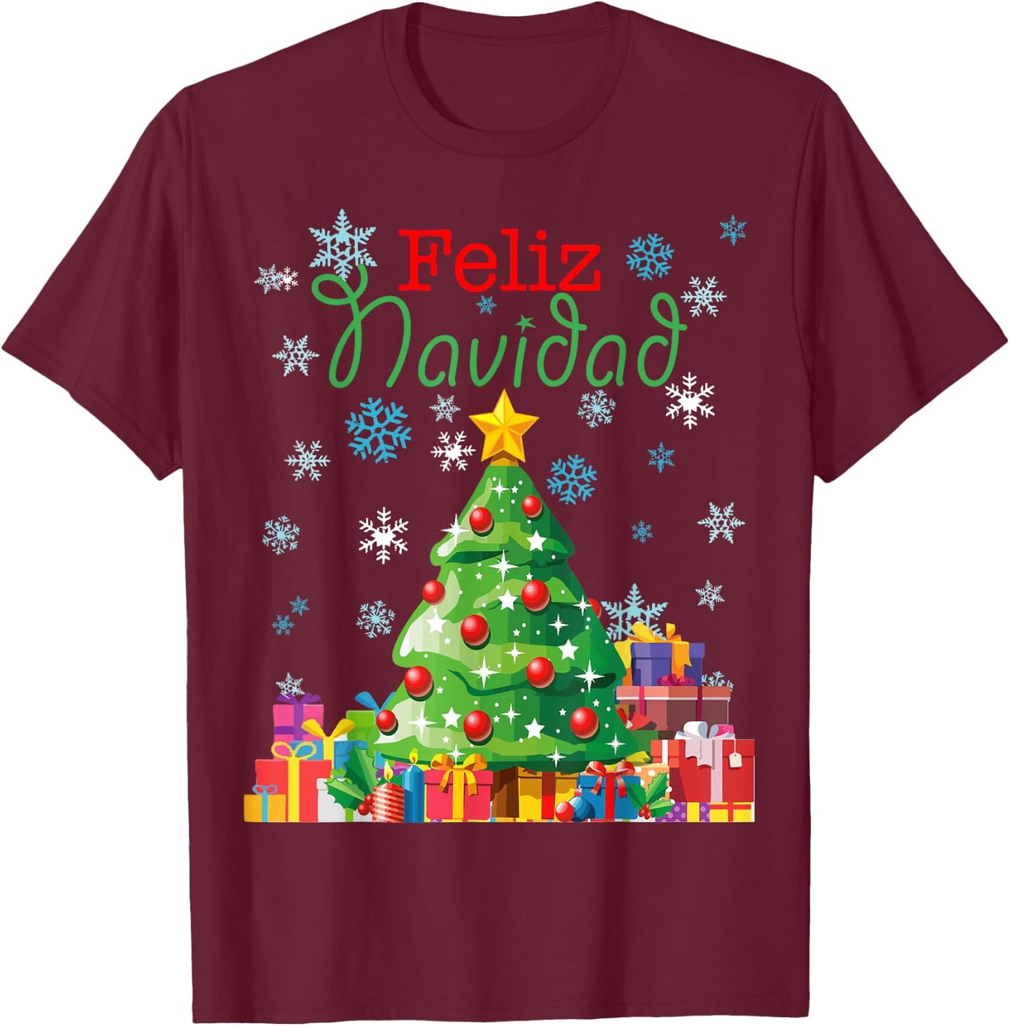 Cute Feliz Navidad Christmas Tree T-Shirt - T-Shirt | Maroon