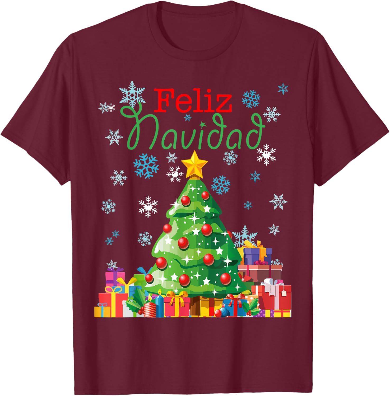 Cute Feliz Navidad Christmas Tree T-Shirt - T-Shirt | Maroon
