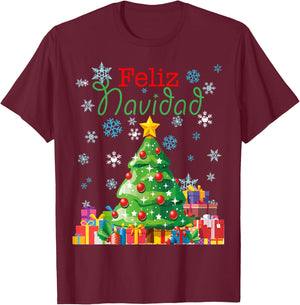Cute Feliz Navidad Christmas Tree T-Shirt - T-Shirt | Maroon