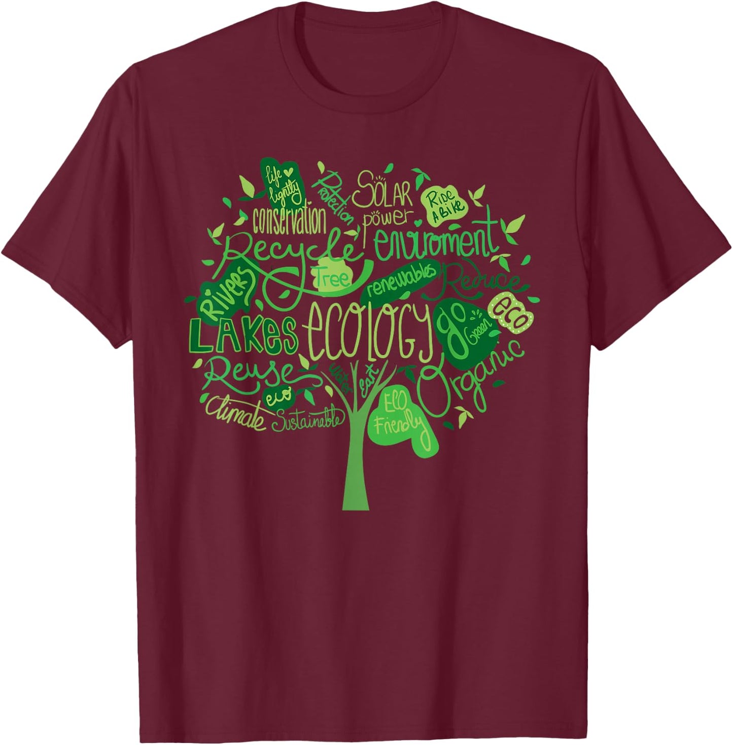 Ecology and Environmental with Green Tree Word Cloud T-Shirt - T-Shirt | Maroon