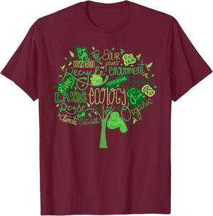 Ecology and Environmental with Green Tree Word Cloud T-Shirt - T-Shirt | Maroon