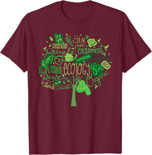 Ecology and Environmental with Green Tree Word Cloud T-Shirt - T-Shirt | Maroon