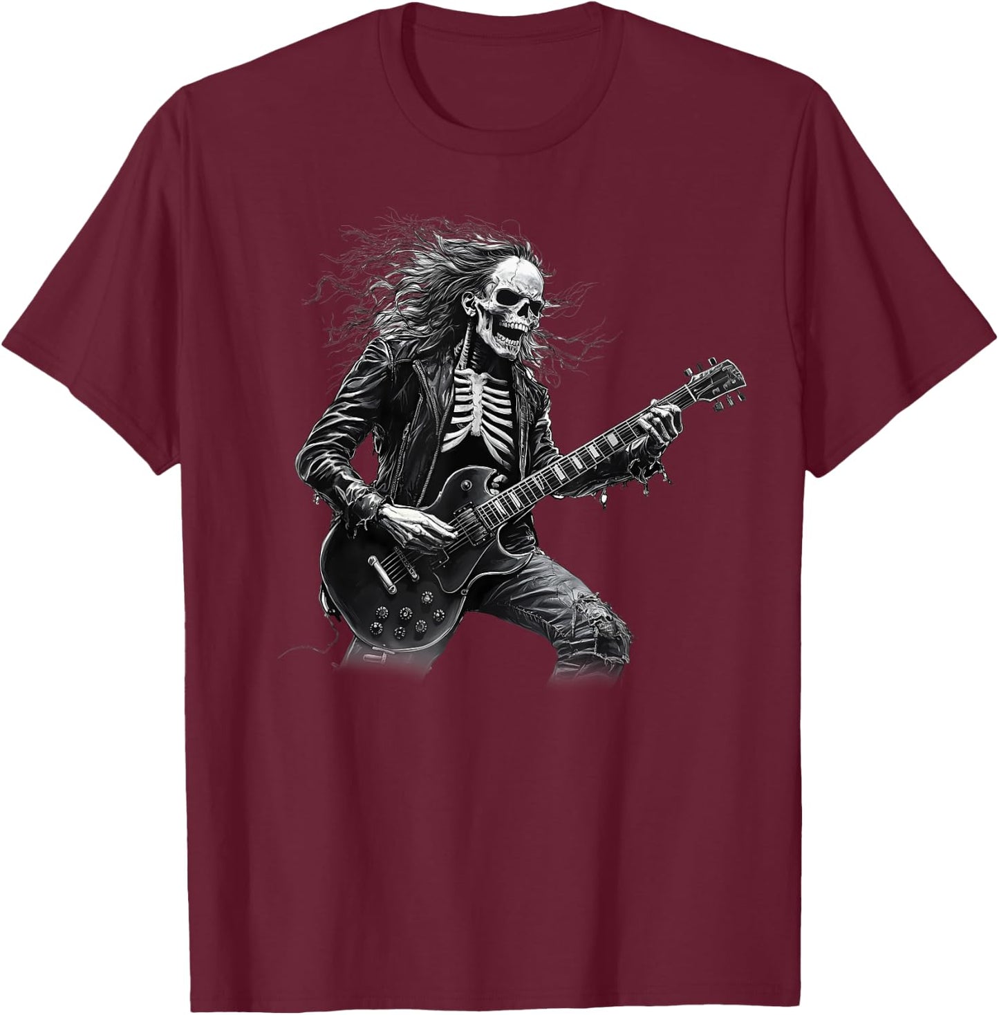 Rock On Skeleton Skull Guitar Player Guy Rock and Roll Band T-Shirt - T-Shirt | Maroon