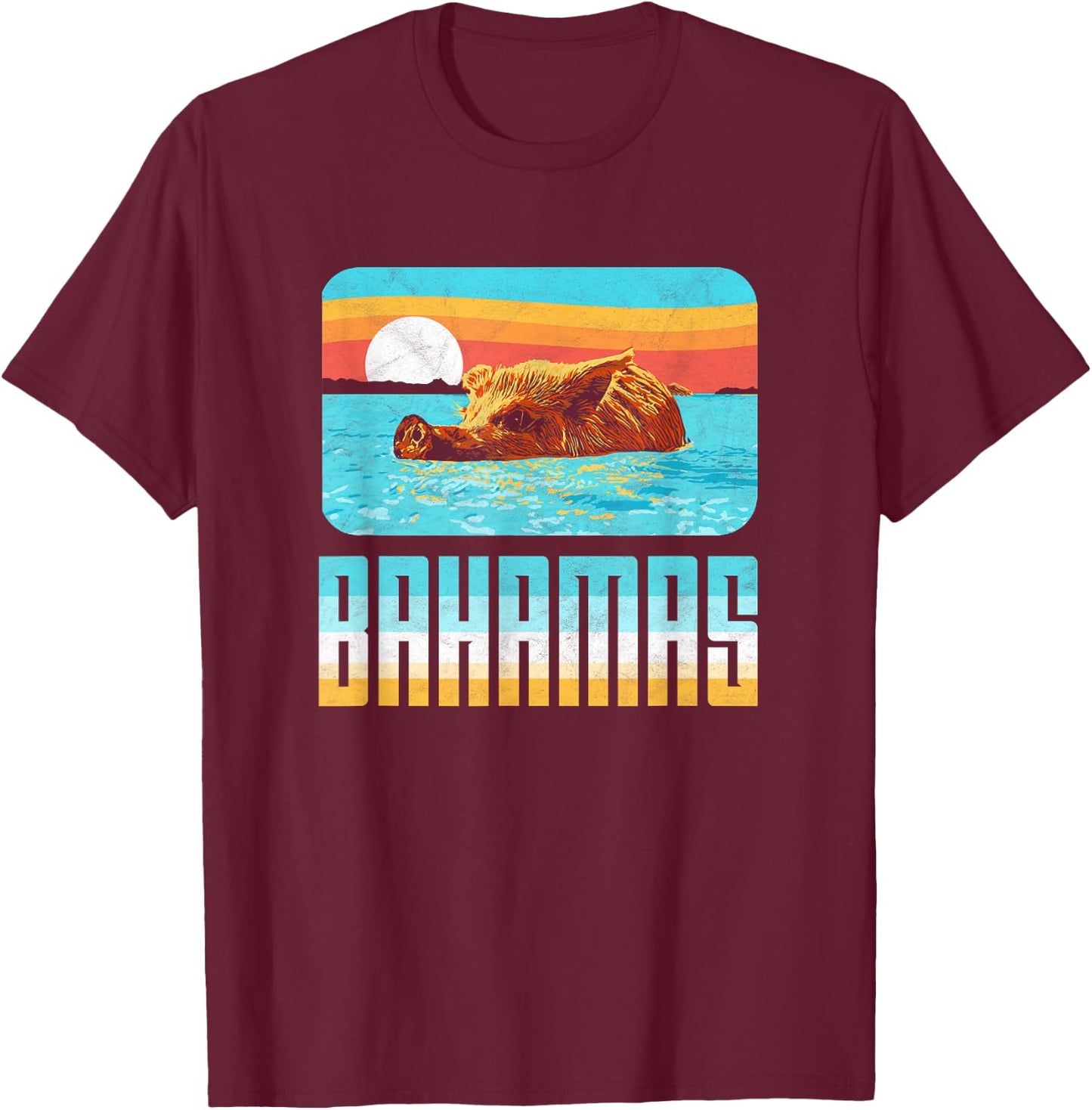 Retro Bahamas Swimming Pig Funny Vintage Feral Hog Beach T-Shirt - T-Shirt | Maroon