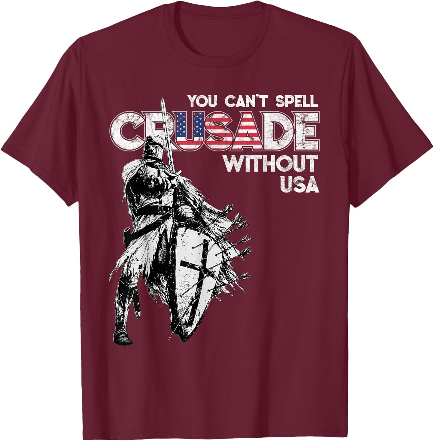 USA Crusade Design Knights Templar American Flag, Distressed T-Shirt - T-Shirt | Maroon