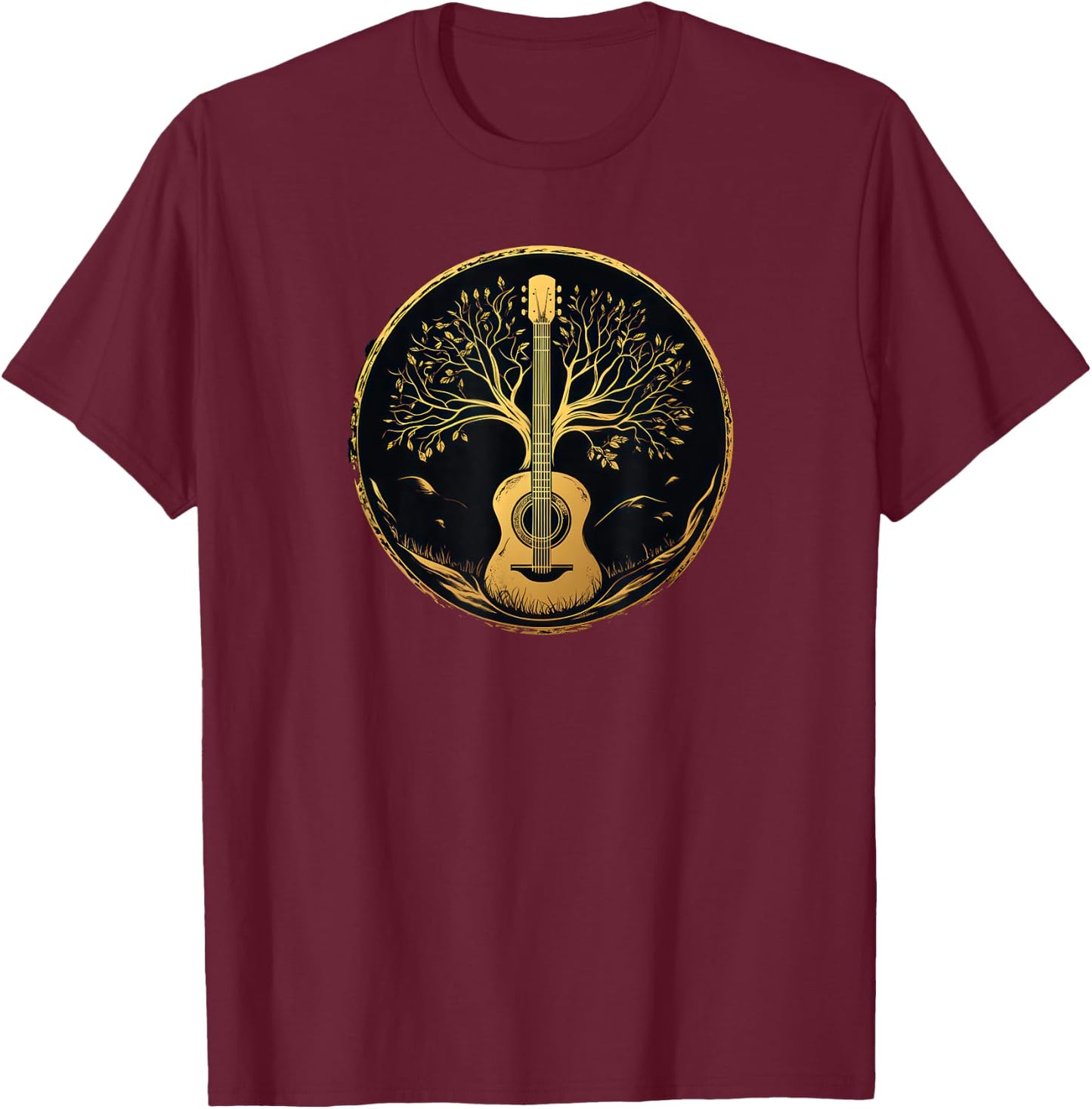 Acoustic Guitar Tree Lake Nature Folk Music Graphic T-Shirt - T-Shirt | Maroon