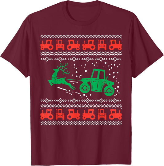 Farm Tractor Reindeer Fun Ugly Christmas Sweater Farmer Gift T-Shirt - T-Shirt | Maroon