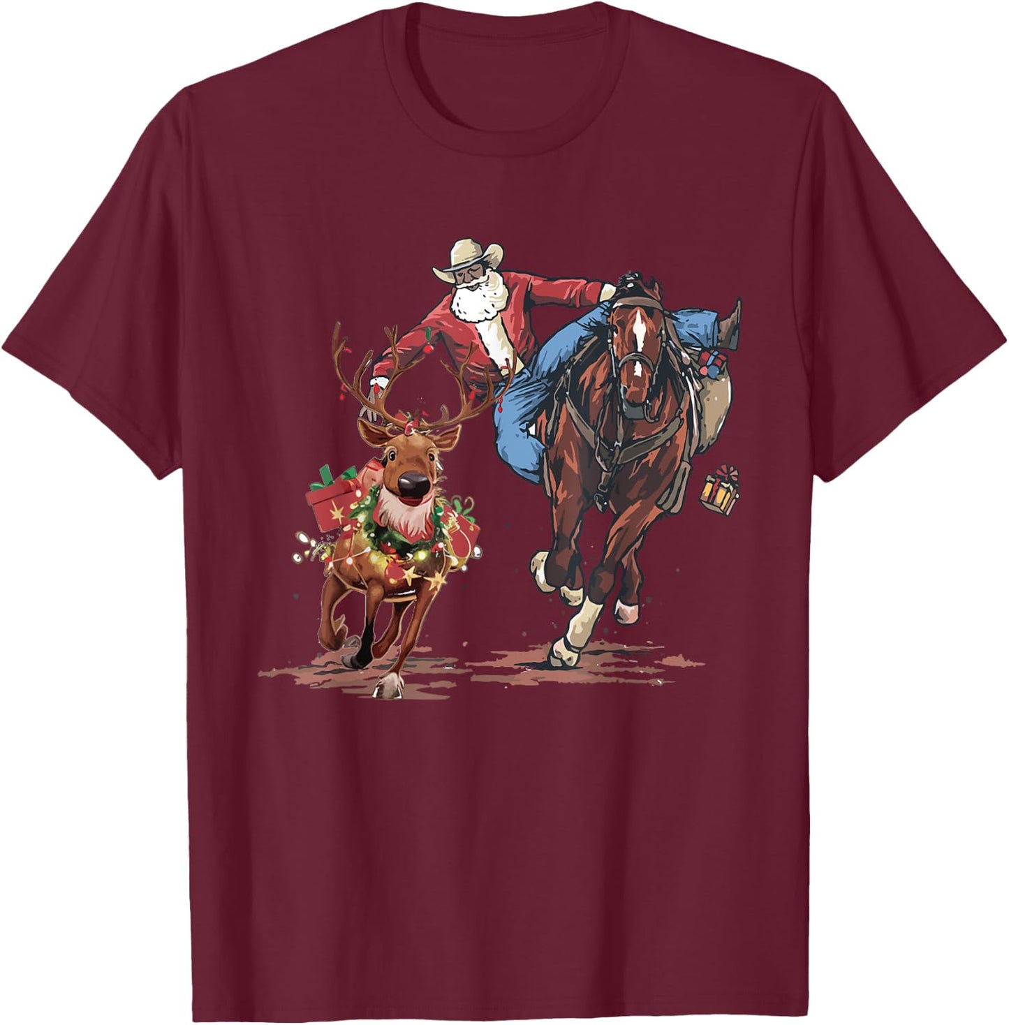 Cowboy Santa Riding Horse Reindeers Christmas T-Shirt - T-Shirt | Maroon