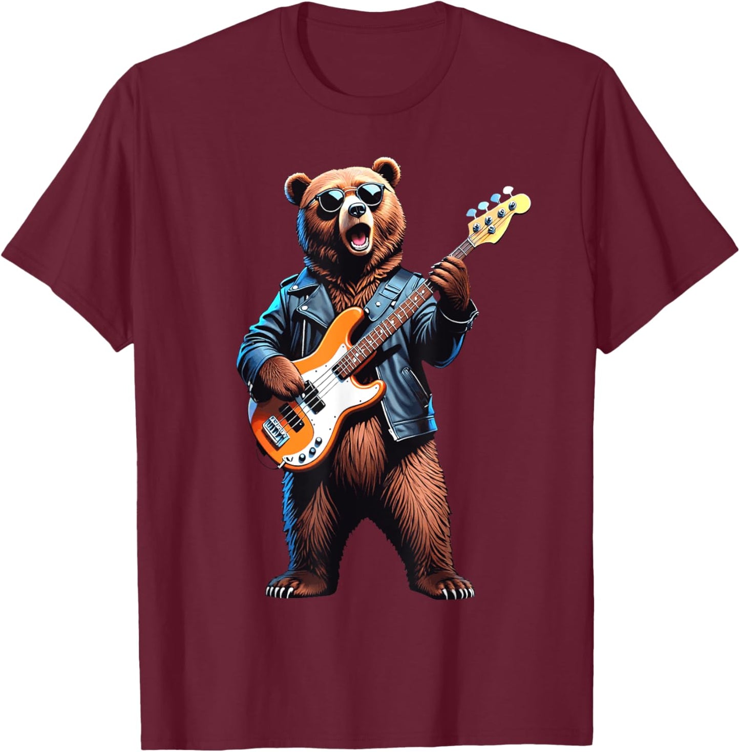 Retro Bear Playing Bass Guitar Bassist Guitarist Music Lover T-Shirt - T-Shirt | Maroon