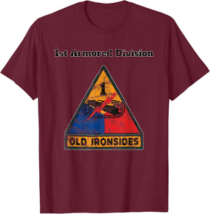 1st Armored Div - Old Ironsides Color Distressed design T-Shirt - T-Shirt | Maroon