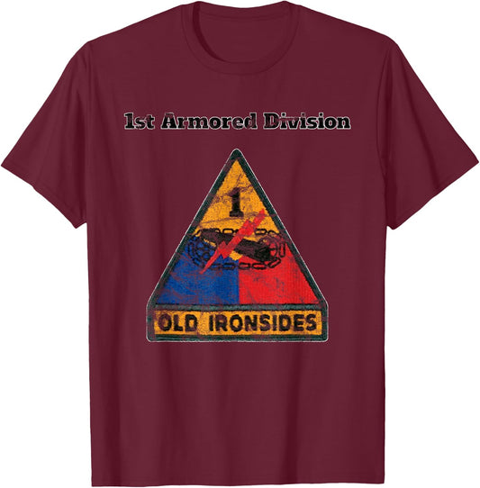 1st Armored Div - Old Ironsides Color Distressed design T-Shirt - T-Shirt | Maroon