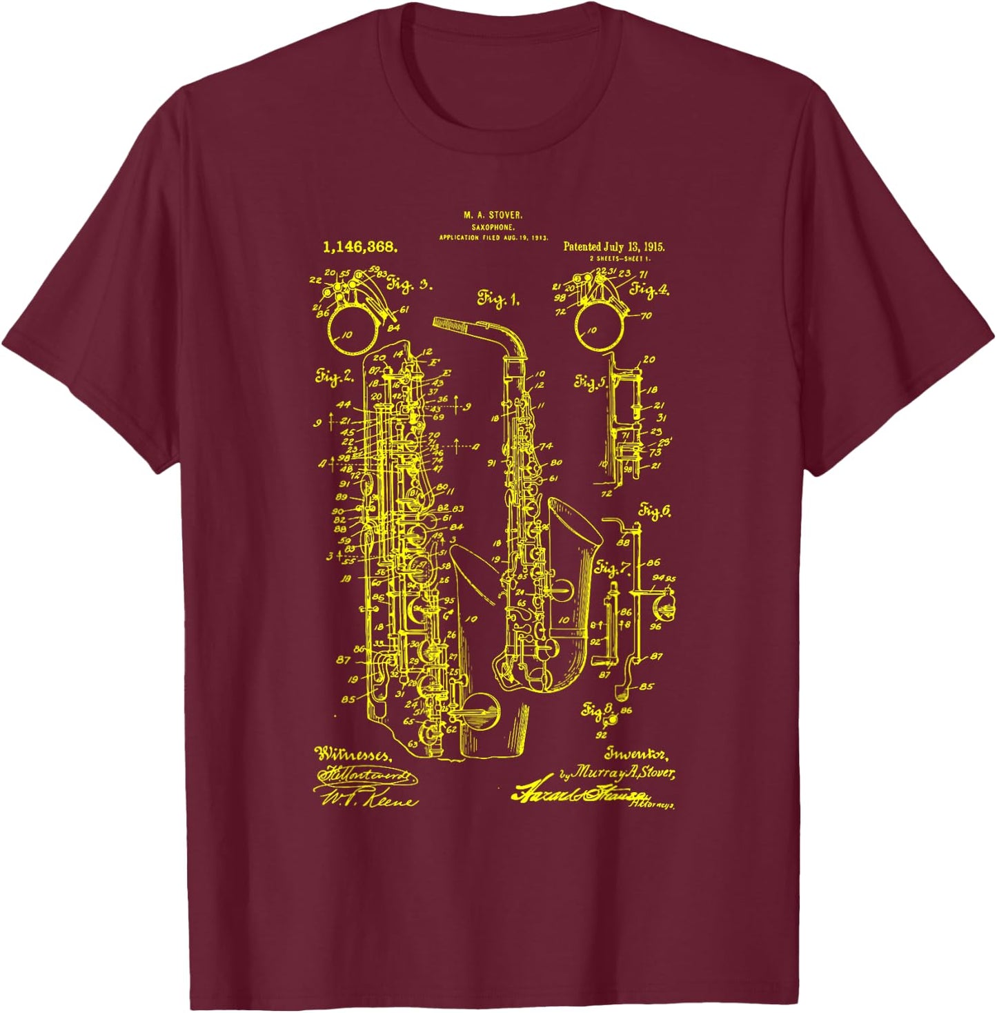 Saxophone Old Vintage Patent Drawing Print Saxophone T-Shirt - T-Shirt | Maroon