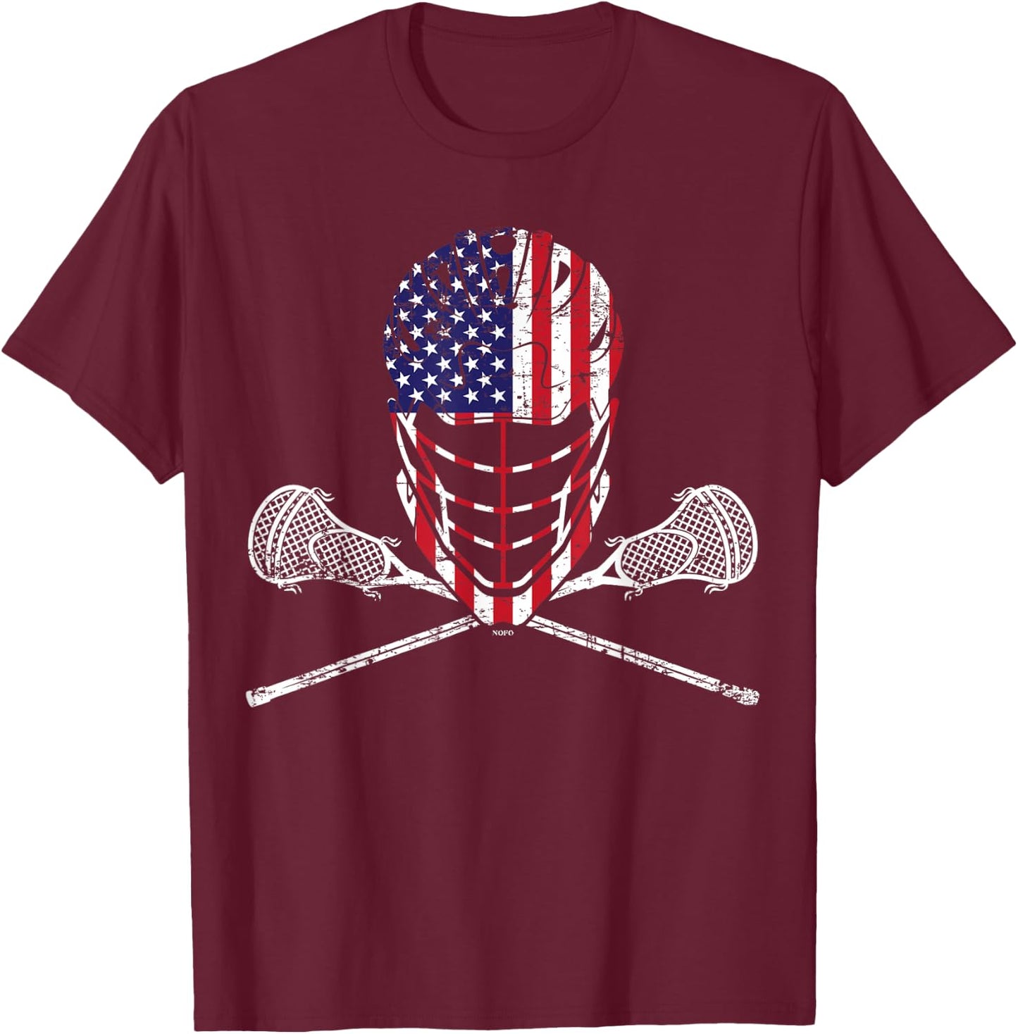 Lacrosse Helmet and Sticks, American Flag Lax Helmet T-Shirt - T-Shirt | Maroon