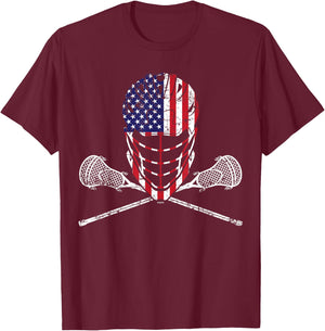 Lacrosse Helmet and Sticks, American Flag Lax Helmet T-Shirt - T-Shirt | Maroon