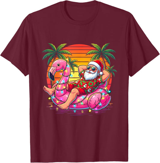 Christmas in July Santa Flamingo Float Summer Beach Xmas T-Shirt - T-Shirt | Maroon