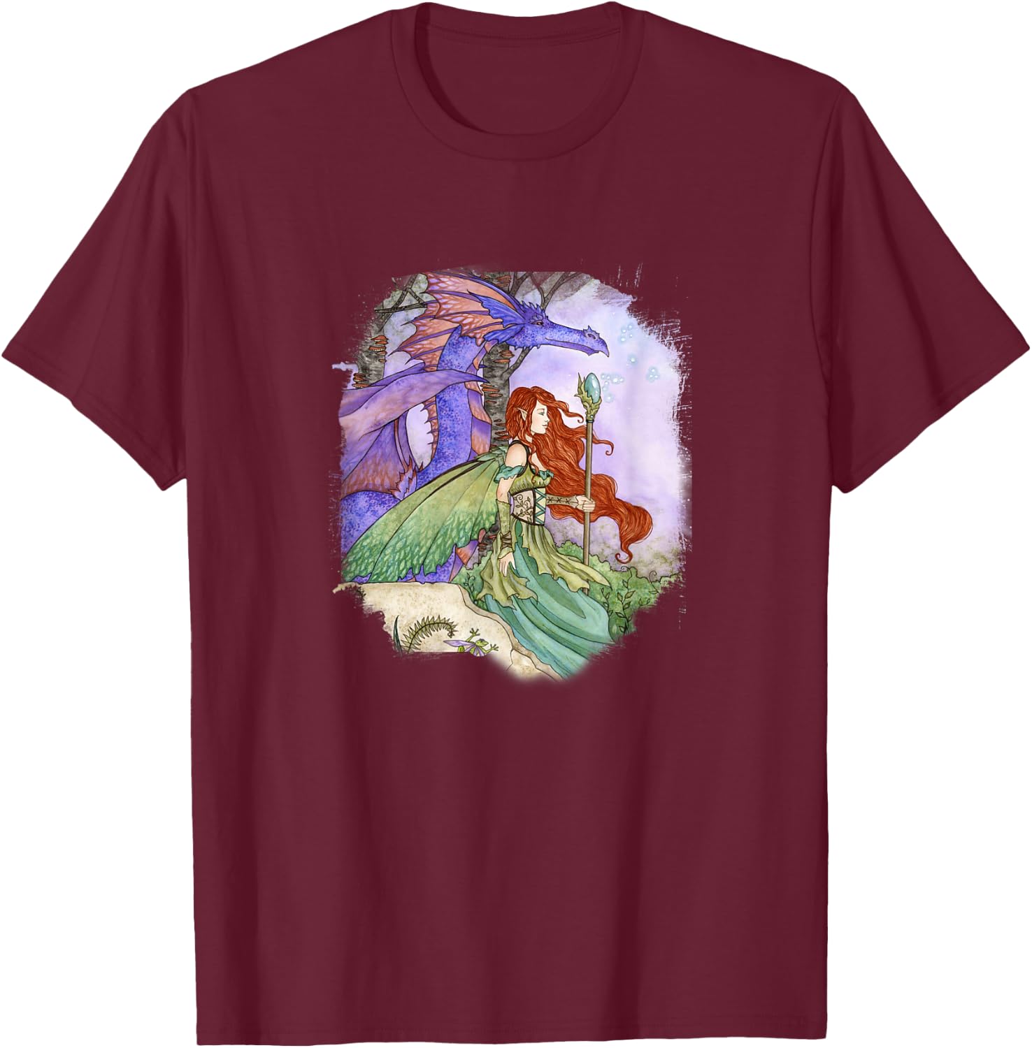 Random Galaxy Adults Kids , Black, Small, Short Sleeve, Modern Classic, Amy Brown Art, Journey, Faery Fairy Dragon T-Shirt - T-Shirt | Maroon