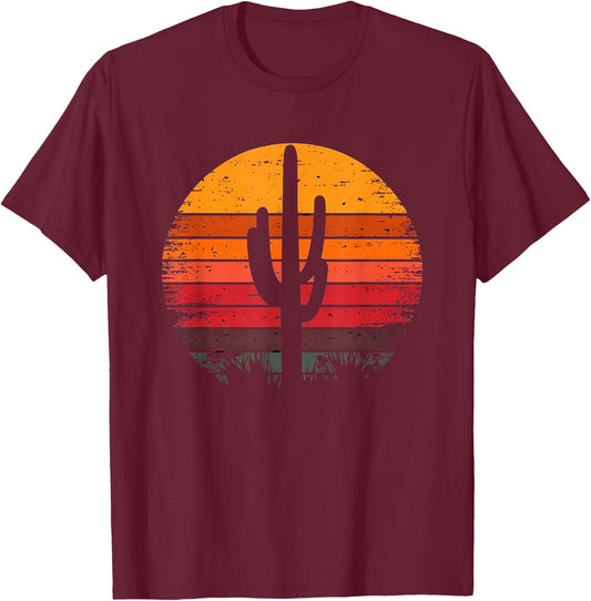 Retro Sunset Saguaro Cactus Vintage Desert Design Graphic T-Shirt - T-Shirt | Maroon