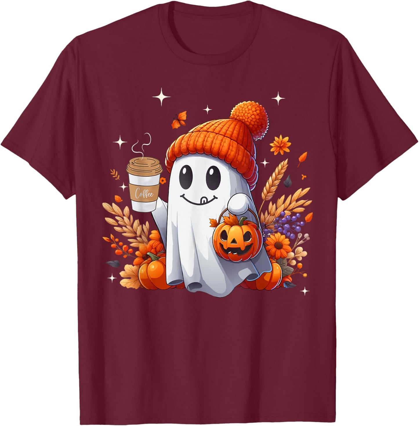 Men Women Autumn Cute Ghost Drinking Coffee Spooky Halloween T-Shirt - T-Shirt | Maroon