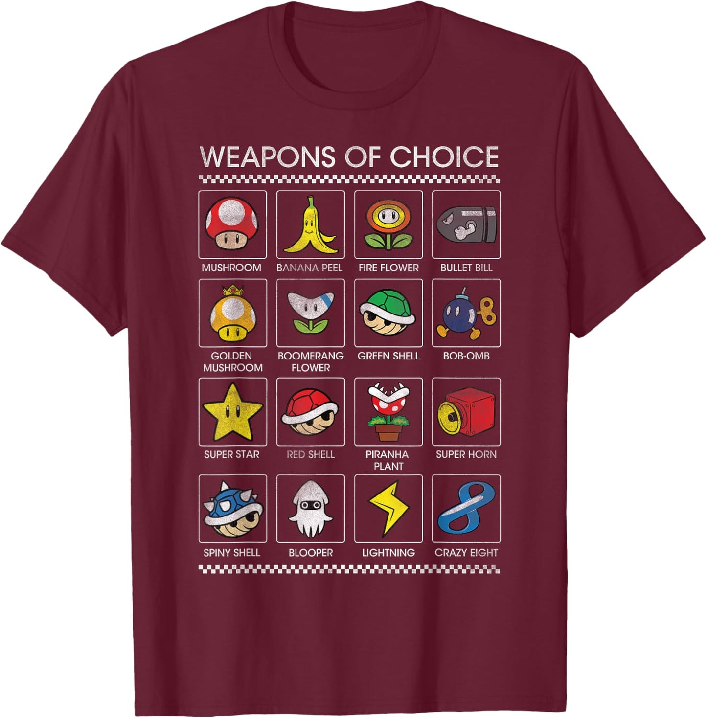 Mario Kart Black : Classic Fit, Short Sleeve, Polyester - Weapons of Choice Poster Design T-Shirt - T-Shirt | Maroon