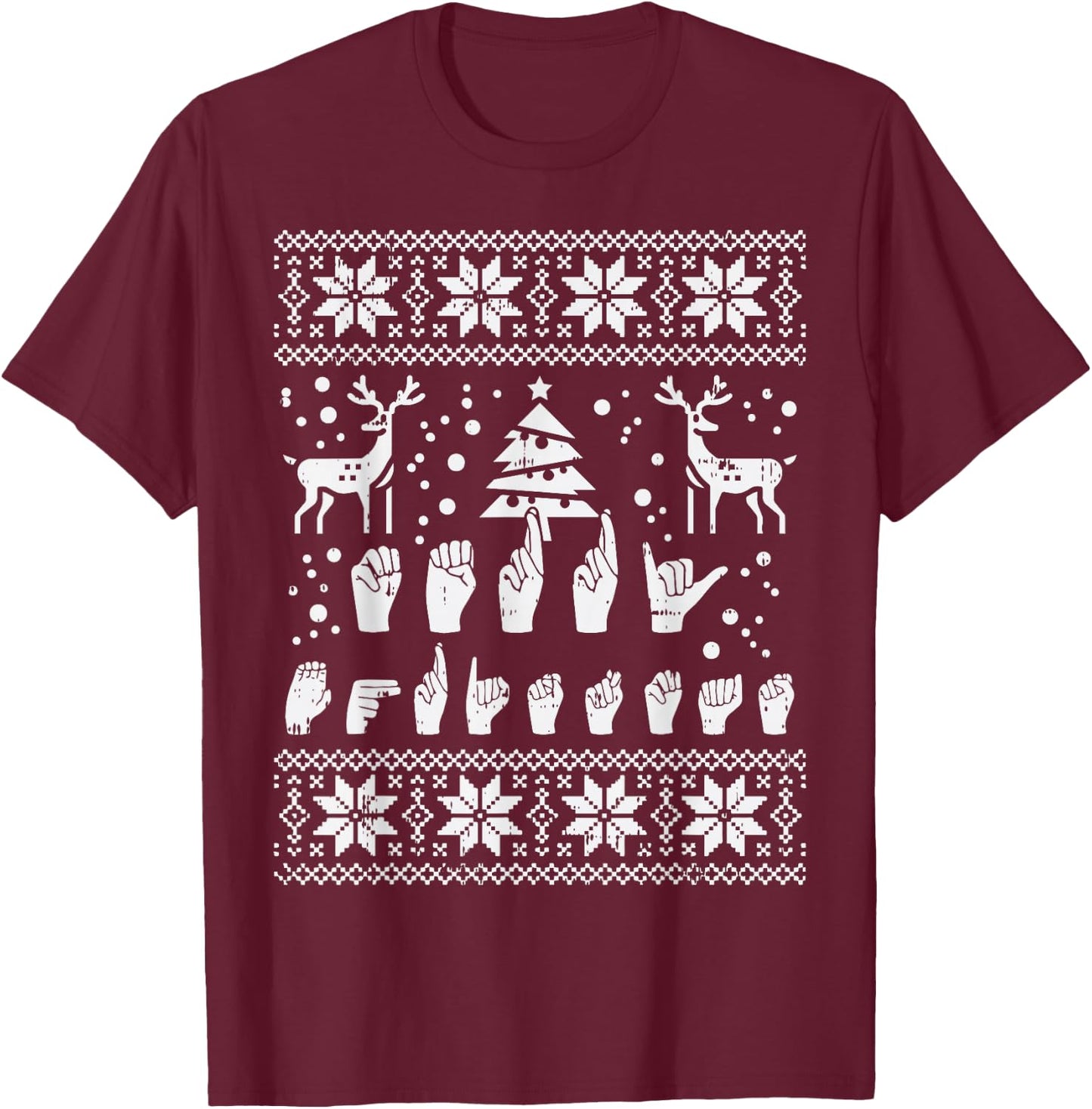 Merry Christmas Sign Language ASL Deaf Ugly Christmas Gift T-Shirt - T-Shirt | Maroon
