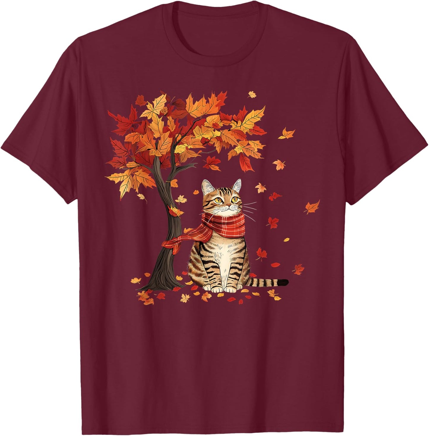 Cat Leaf Fall Tree Hello Autumn Thanksgiving It's Fall Y'all T-Shirt - T-Shirt | Maroon