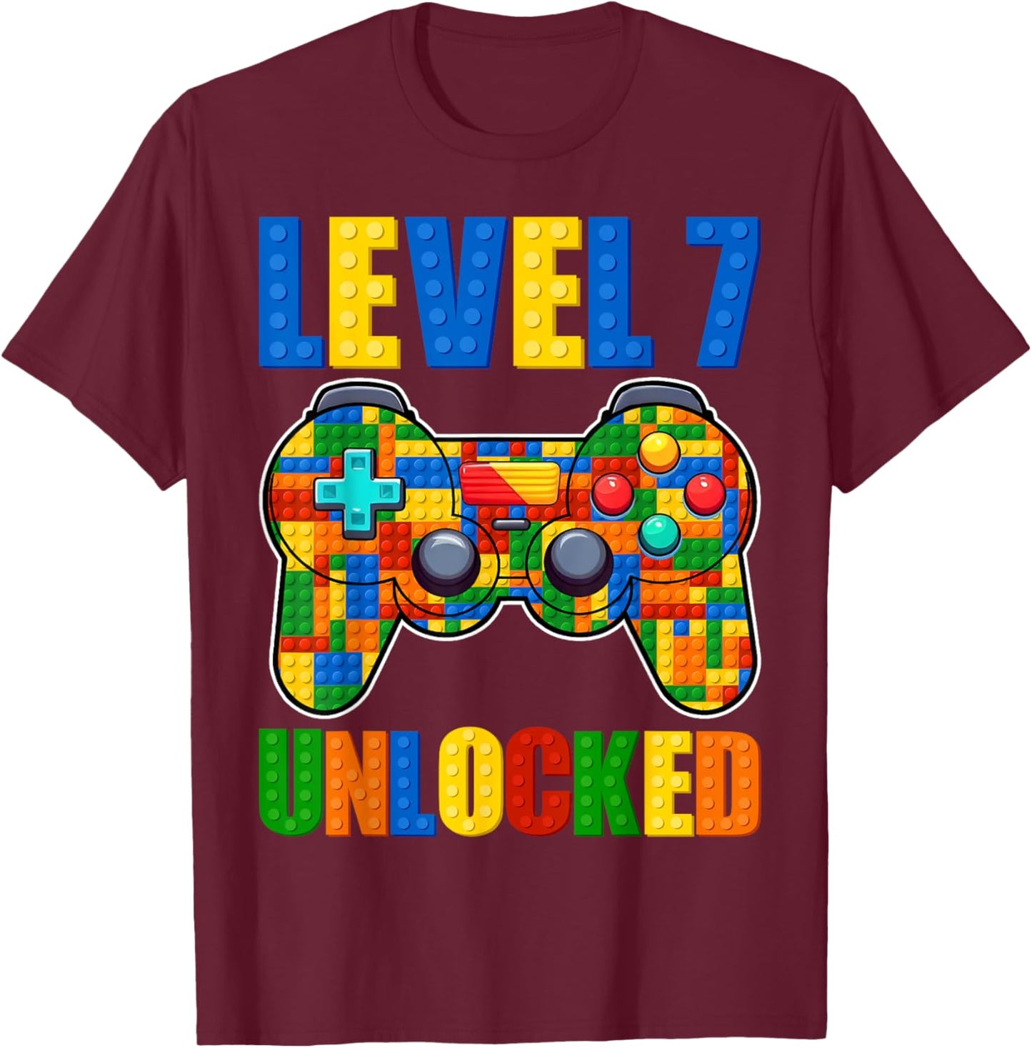 Level 7 Unlocked Building Blocks 7th Birthday Video Game Boy T-Shirt - T-Shirt | Maroon