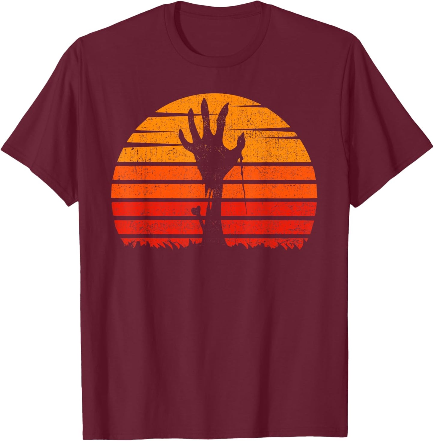 Vintage Retro Sunset Halloween Zombie Hand Scary Costume T-Shirt - T-Shirt | Maroon