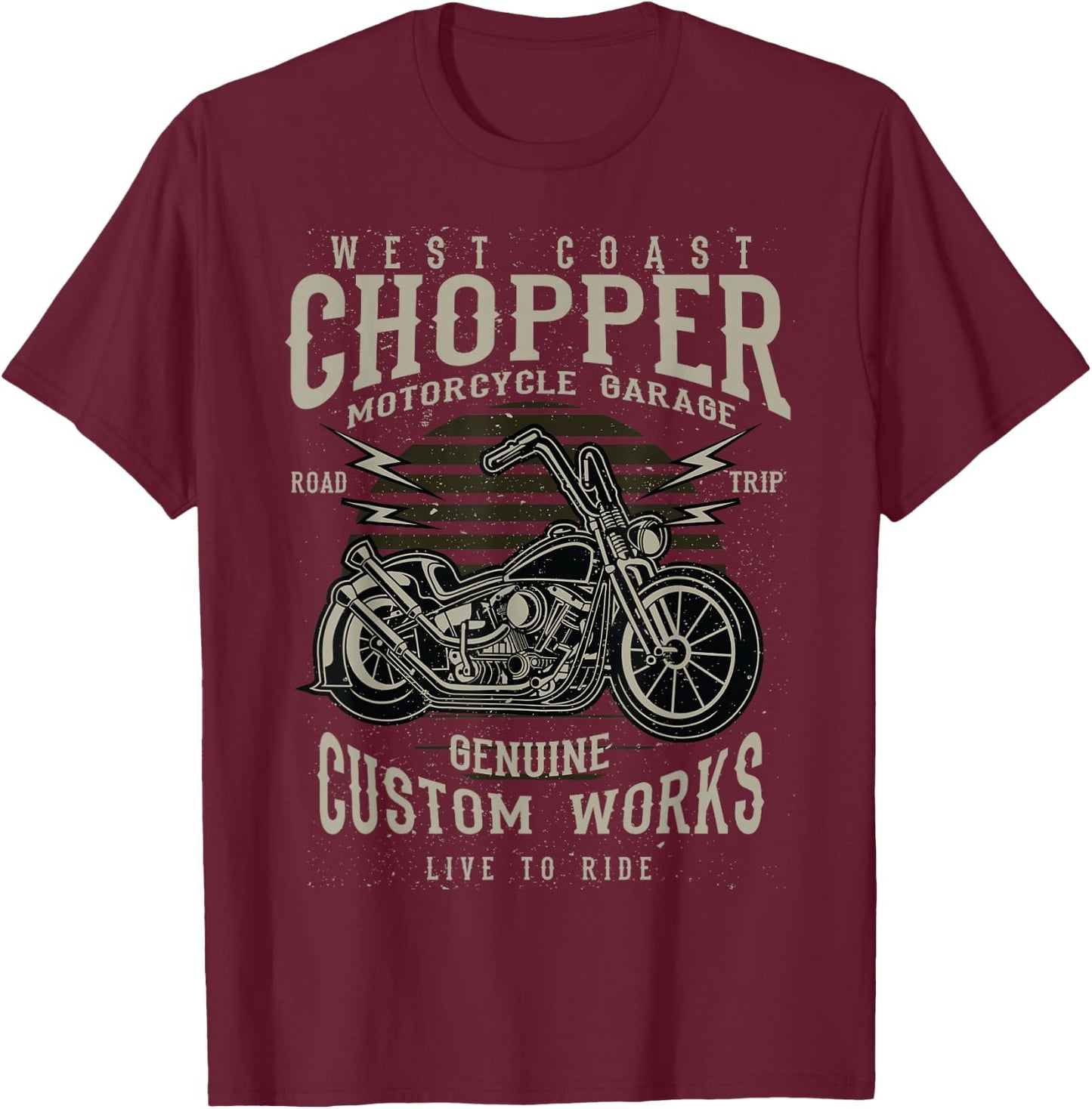 Berto Freimini West Coast Chopper Motorcycle Garage Vintage Biker Black Adults Classic Fit Short Sleeve T-Shirt - T-Shirt | Maroon