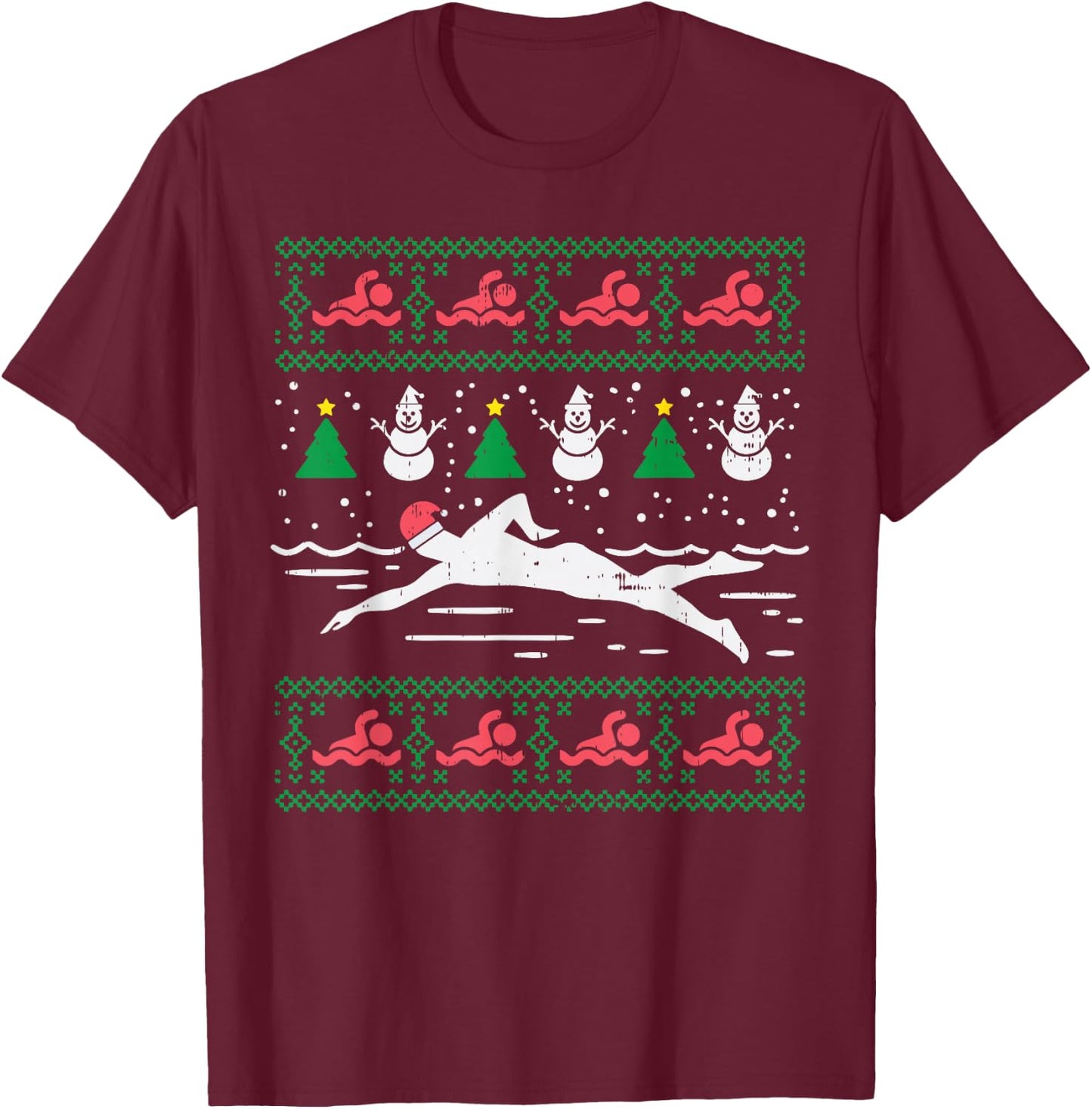 Swimmin Santa Ugly Christmas Sweater Sport Swim Swimmer Gift T-Shirt - T-Shirt | Maroon