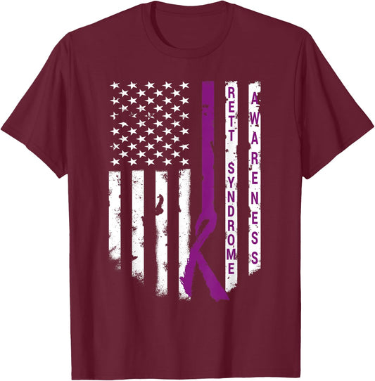 Rett Syndrome Awareness Shirt American Flag RTT Support T-Shirt - T-Shirt | Maroon
