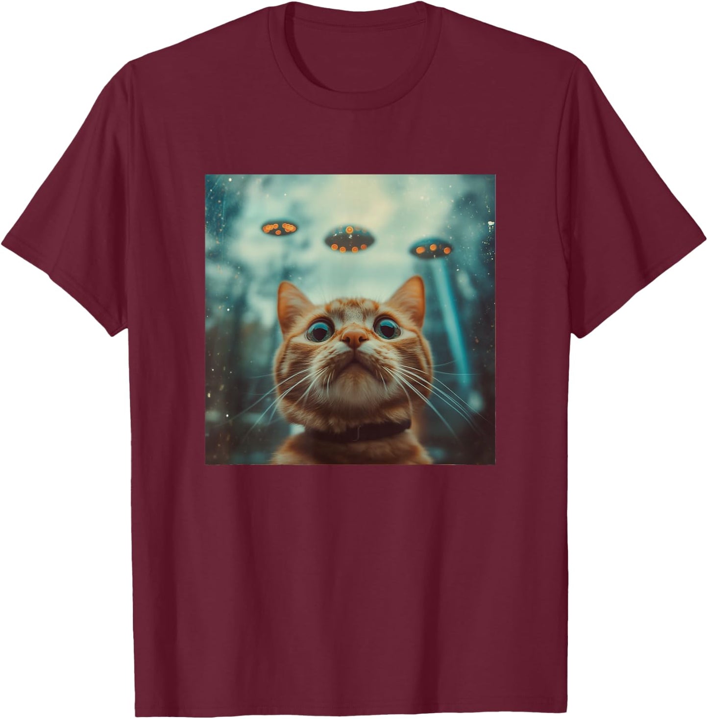 Cat Selfie with UFOs Weird Print Graphic Space Funny T-Shirt - T-Shirt | Maroon