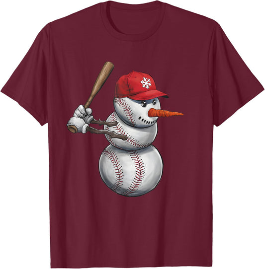 Baseball Snowman Balls Snow Christmas Xmas Men Women Player T-Shirt - T-Shirt | Maroon