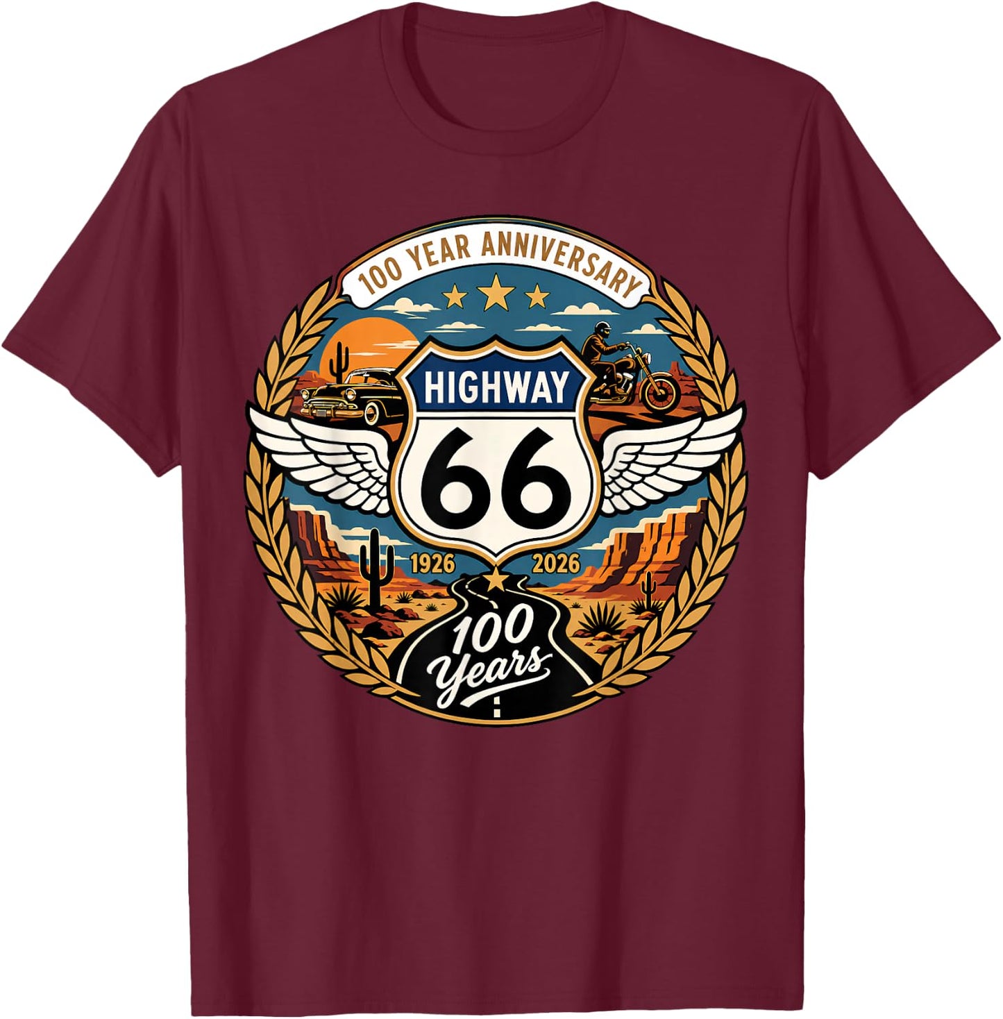 Highway 66 Centennial Car Anniversary 100 Years 1926-2026 T-Shirt - T-Shirt | Maroon