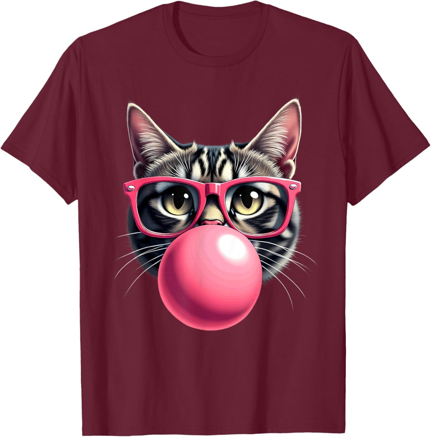 Cute Cat Blowing Bubble Gum T-Shirt - T-Shirt | Maroon