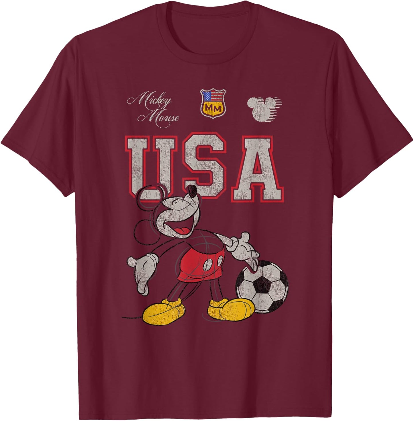 Disney Mickey and Friends USA Mickey Football Soccer Sketch T-Shirt - T-Shirt | Maroon